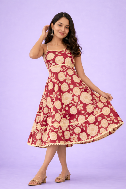 Maroon Floral Print Fit & Flare Cotton Stitched Dress