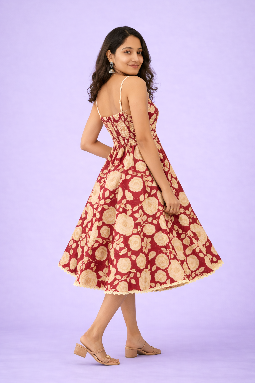 Maroon Floral Print Fit & Flare Cotton Stitched Dress