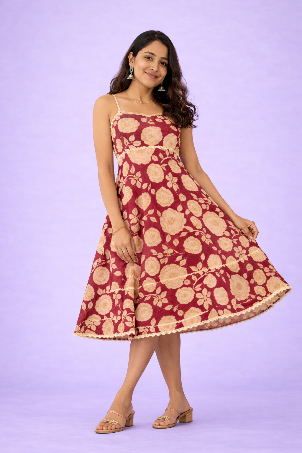 Maroon Floral Print Fit & Flare Cotton Stitched Dress