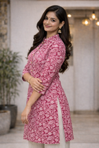 Women Pink Floral Printed Straight Cotton Kurti | Everyday Wear