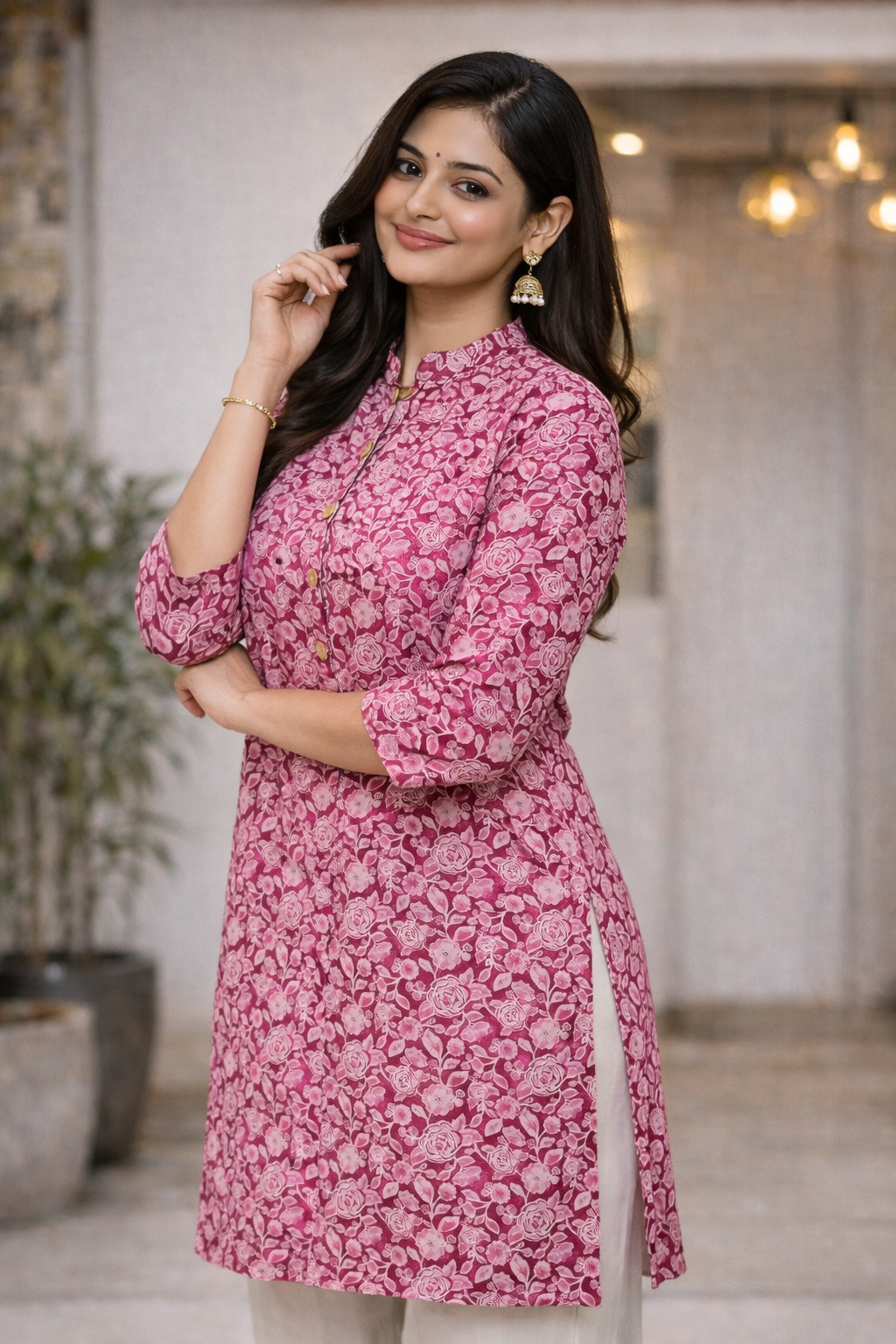 Women Pink Floral Printed Straight Cotton Kurti | Everyday Wear