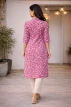 Women Pink Floral Printed Straight Cotton Kurti | Everyday Wear