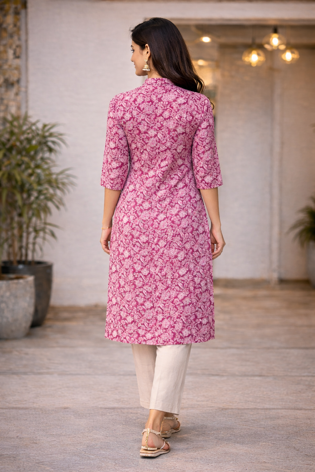 Women Pink Floral Printed Straight Cotton Kurti | Everyday Wear