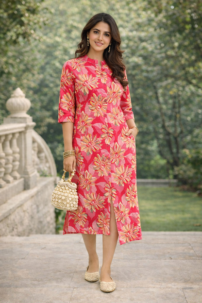 Pink Floral Printed Cotton Straight Kurti