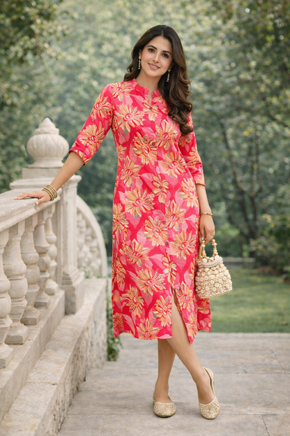 Pink Floral Printed Cotton Straight Kurti