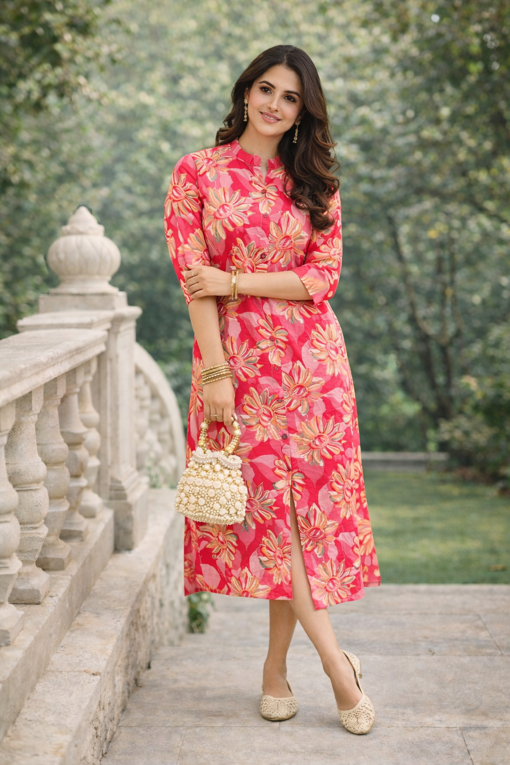 Pink Floral Printed Cotton Straight Kurti