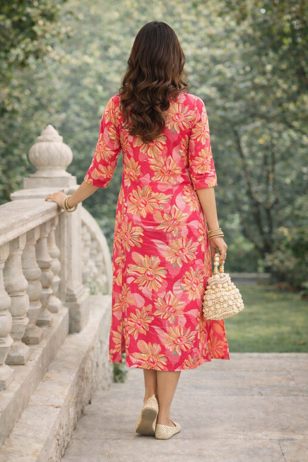 Pink Floral Printed Cotton Straight Kurti