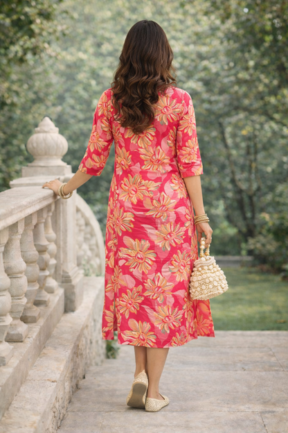 Pink Floral Printed Cotton Straight Kurti