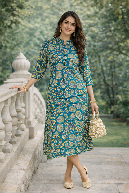 Teal Green Printed Cotton Long Kurti