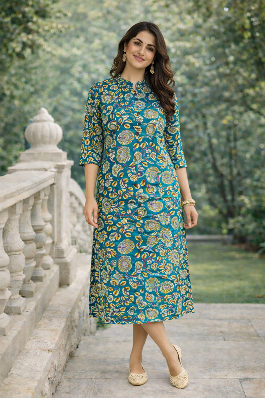 Teal Green Printed Cotton Long Kurti