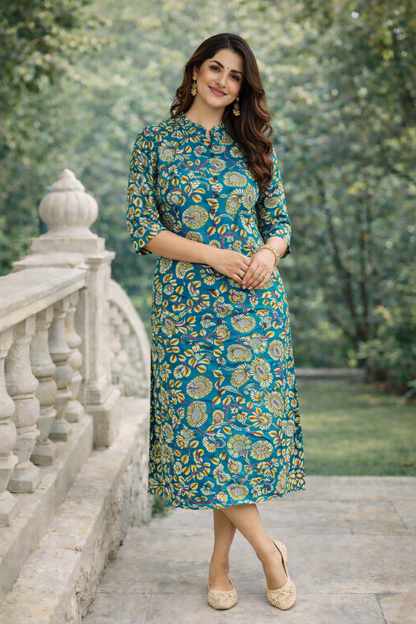 Teal Green Printed Cotton Long Kurti