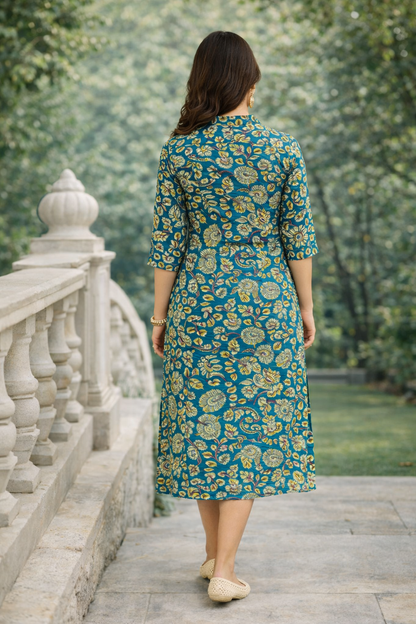 Teal Green Printed Cotton Long Kurti