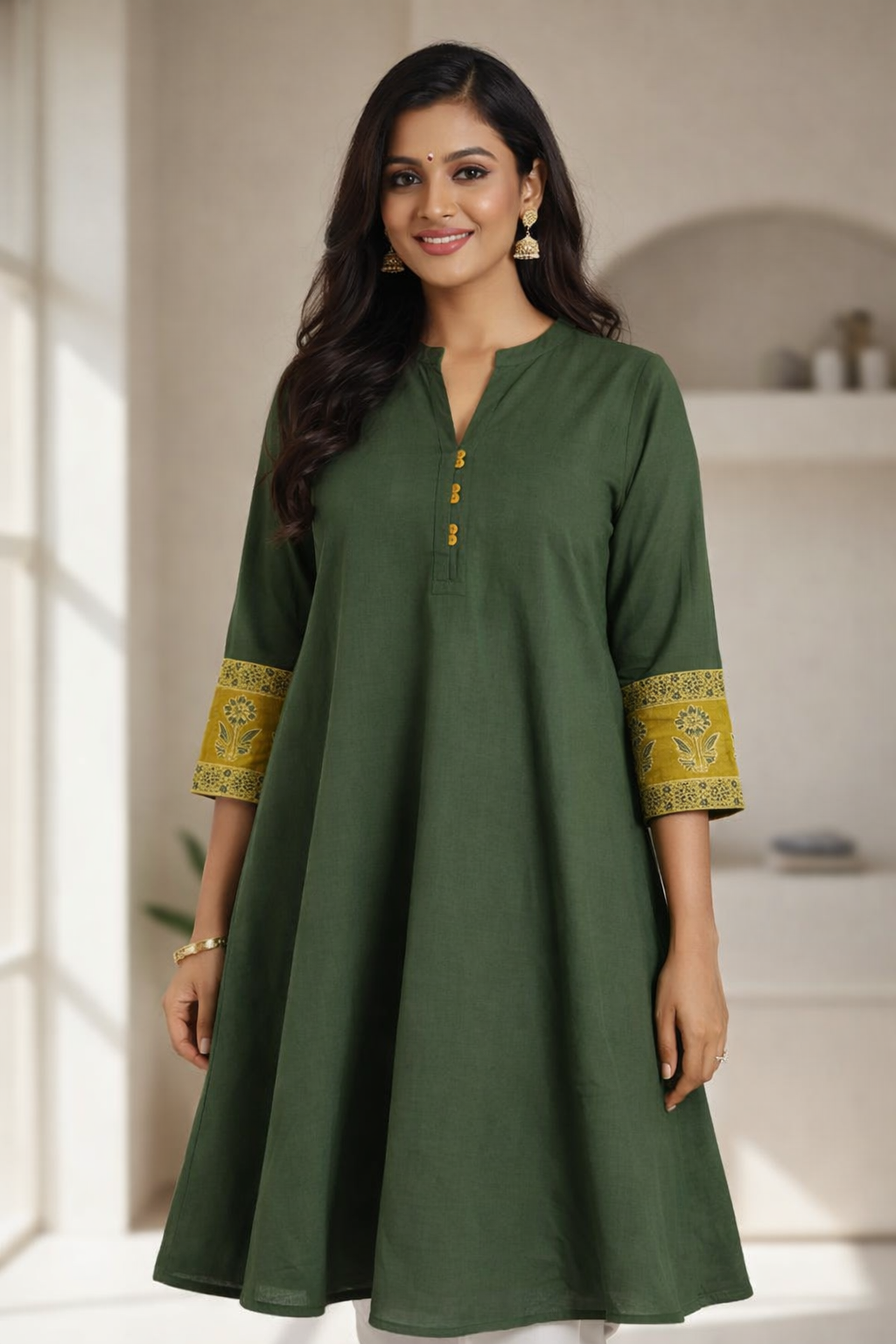 Cotton Ajrakh Natural Dyed Straight One Piece Kurti with Mandarin Collar