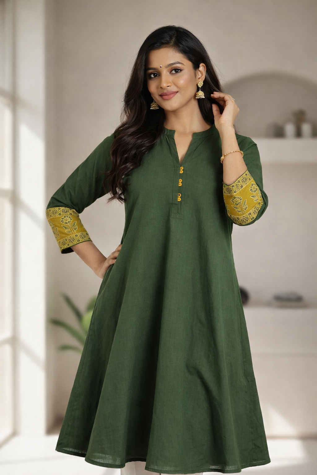 Cotton Ajrakh Natural Dyed Straight One Piece Kurti with Mandarin Collar