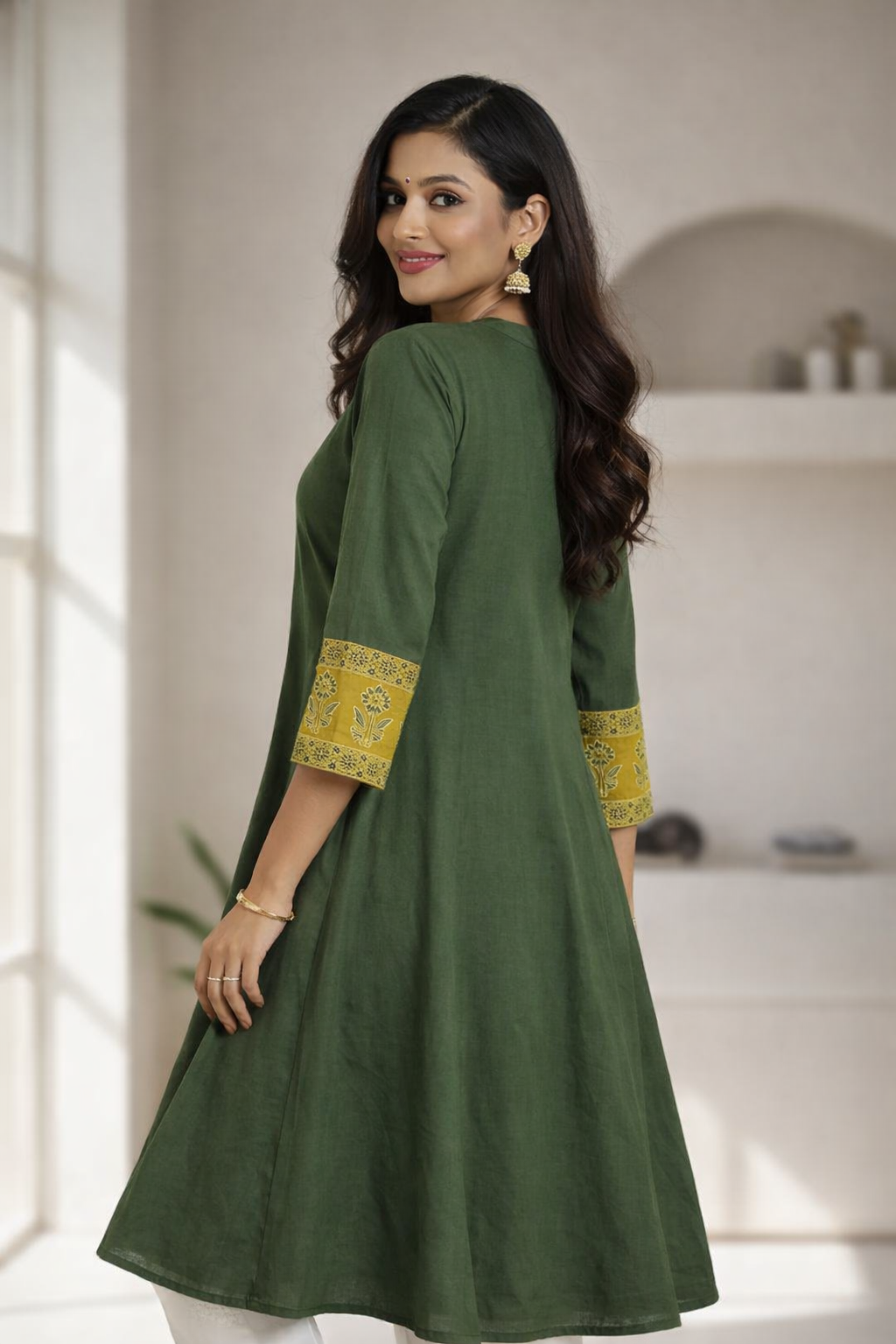 Cotton Ajrakh Natural Dyed Straight One Piece Kurti with Mandarin Collar