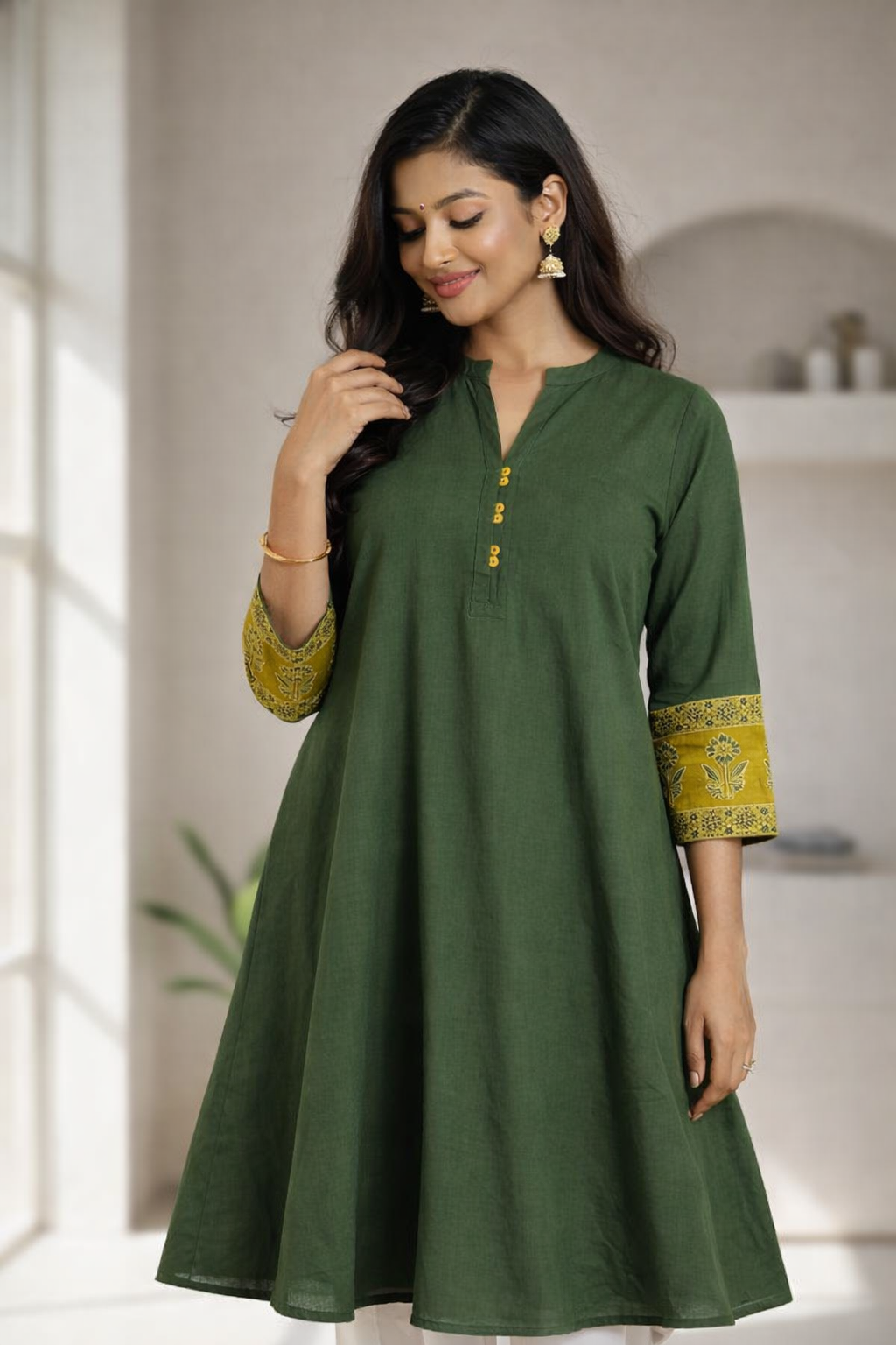 Cotton Ajrakh Natural Dyed Straight One Piece Kurti with Mandarin Collar