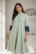 Sage Green Cotton Ajrakh Sleeve One Piece Kurti with Mandarin Collar