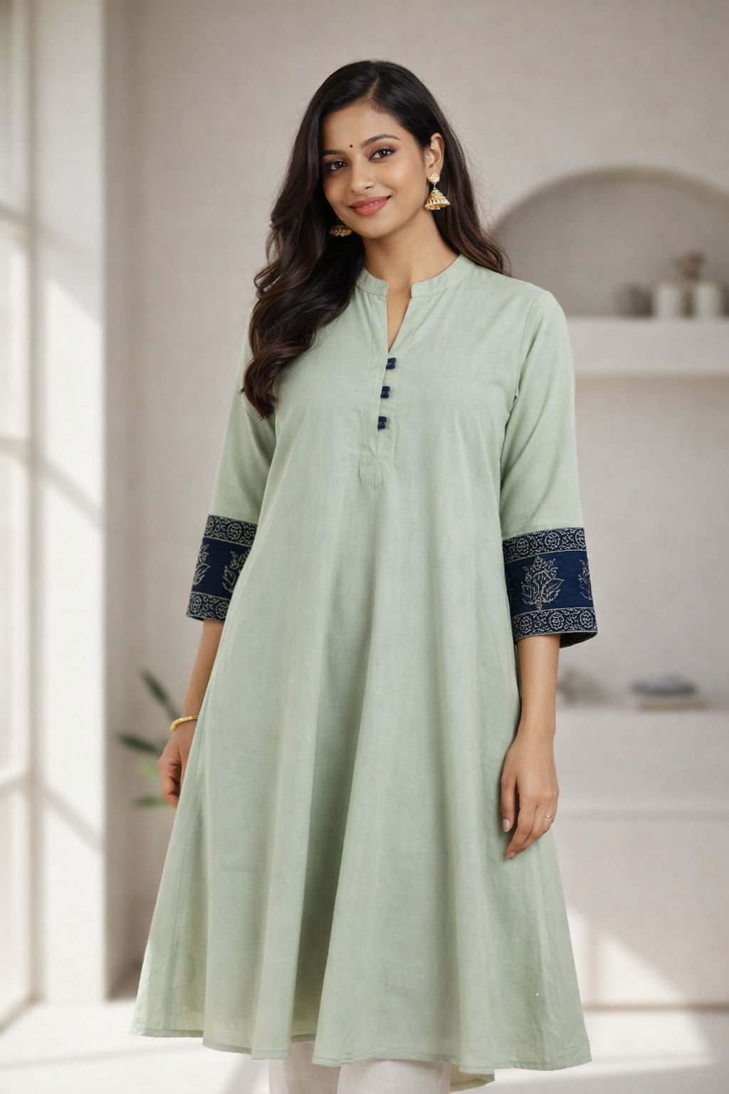 Sage Green Cotton Ajrakh Sleeve One Piece Kurti with Mandarin Collar