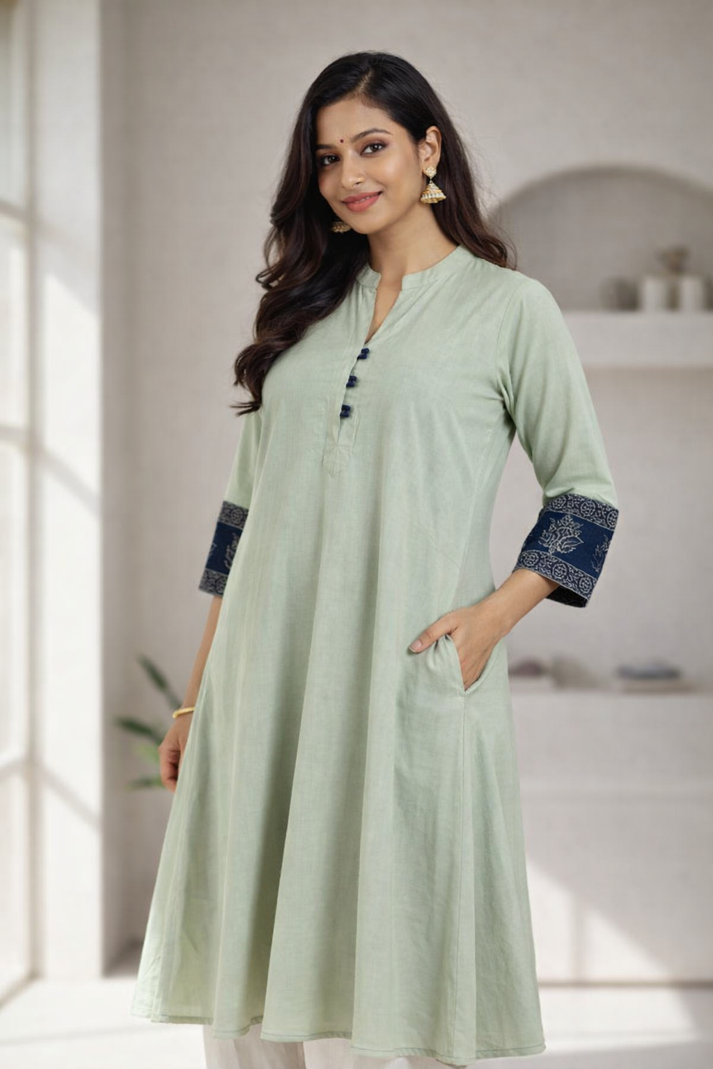 Sage Green Cotton Ajrakh Sleeve One Piece Kurti with Mandarin Collar