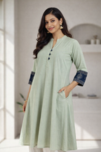 Sage Green Cotton Ajrakh Sleeve One Piece Kurti with Mandarin Collar