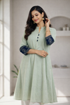 Sage Green Cotton Ajrakh Sleeve One Piece Kurti with Mandarin Collar