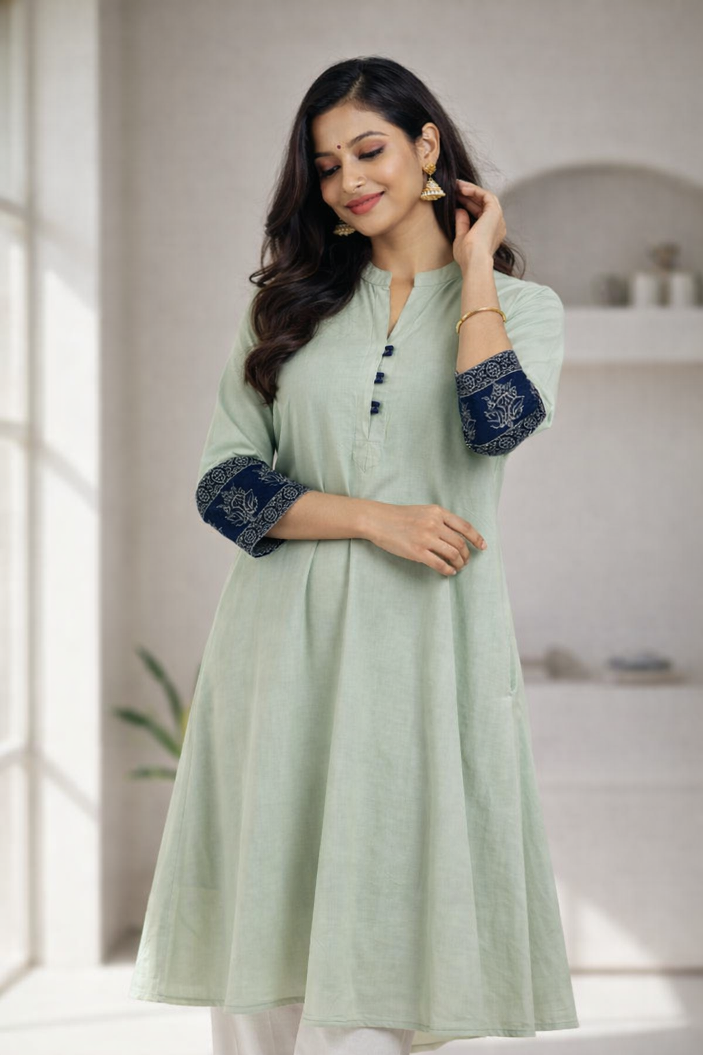Sage Green Cotton Ajrakh Sleeve One Piece Kurti with Mandarin Collar
