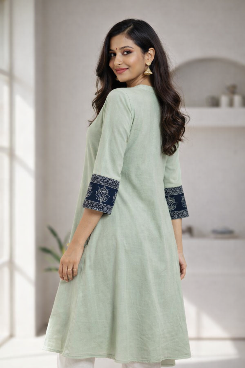 Sage Green Cotton Ajrakh Sleeve One Piece Kurti with Mandarin Collar
