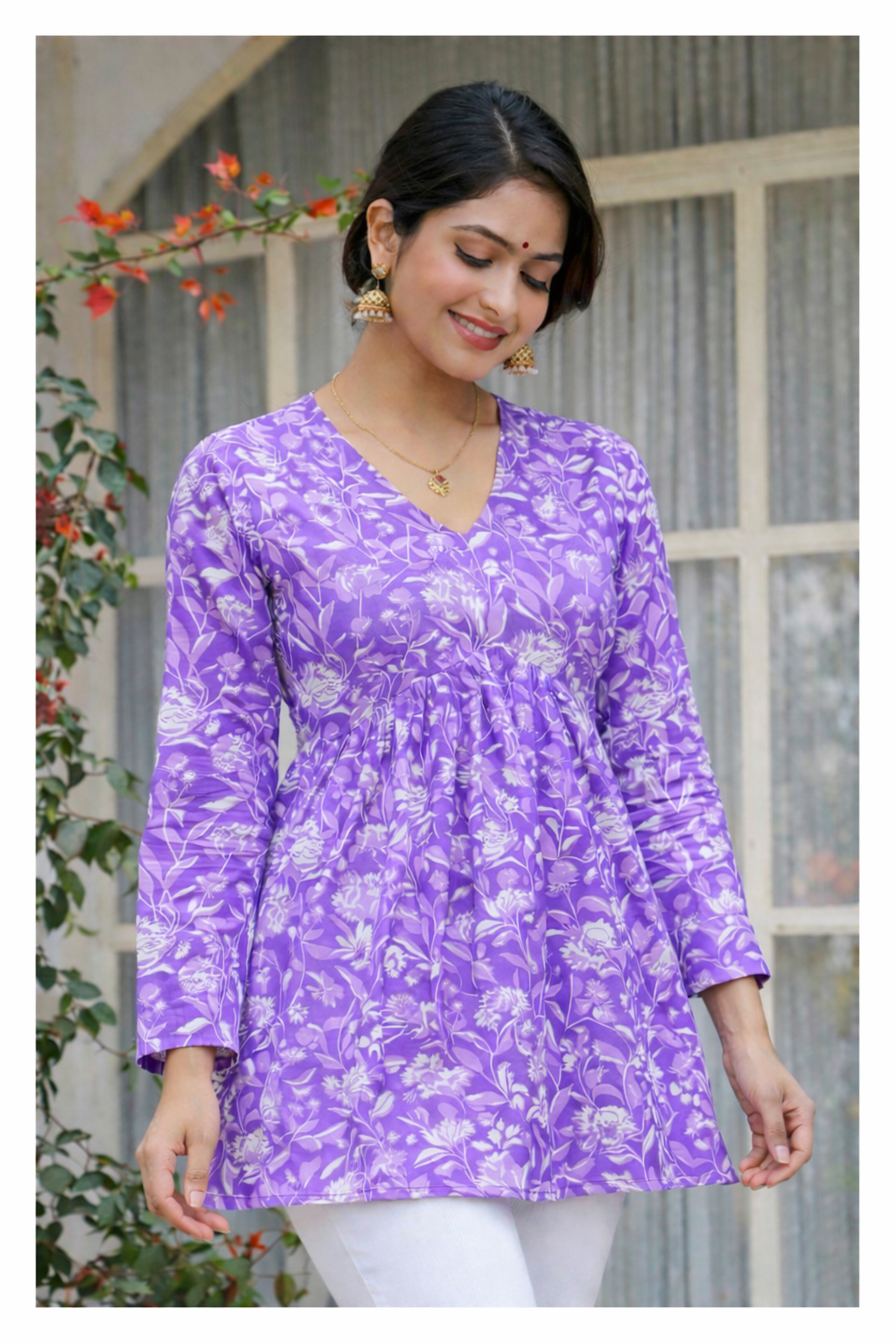 Purple Floral Printed Cotton Tunic Top for Women