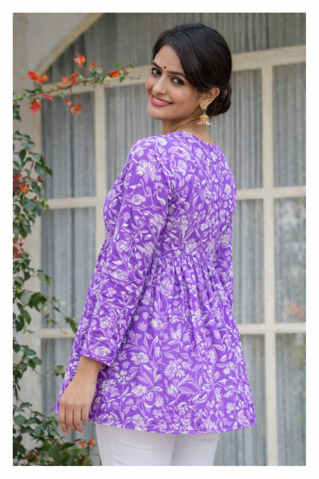 Purple Floral Printed Cotton Tunic Top for Women
