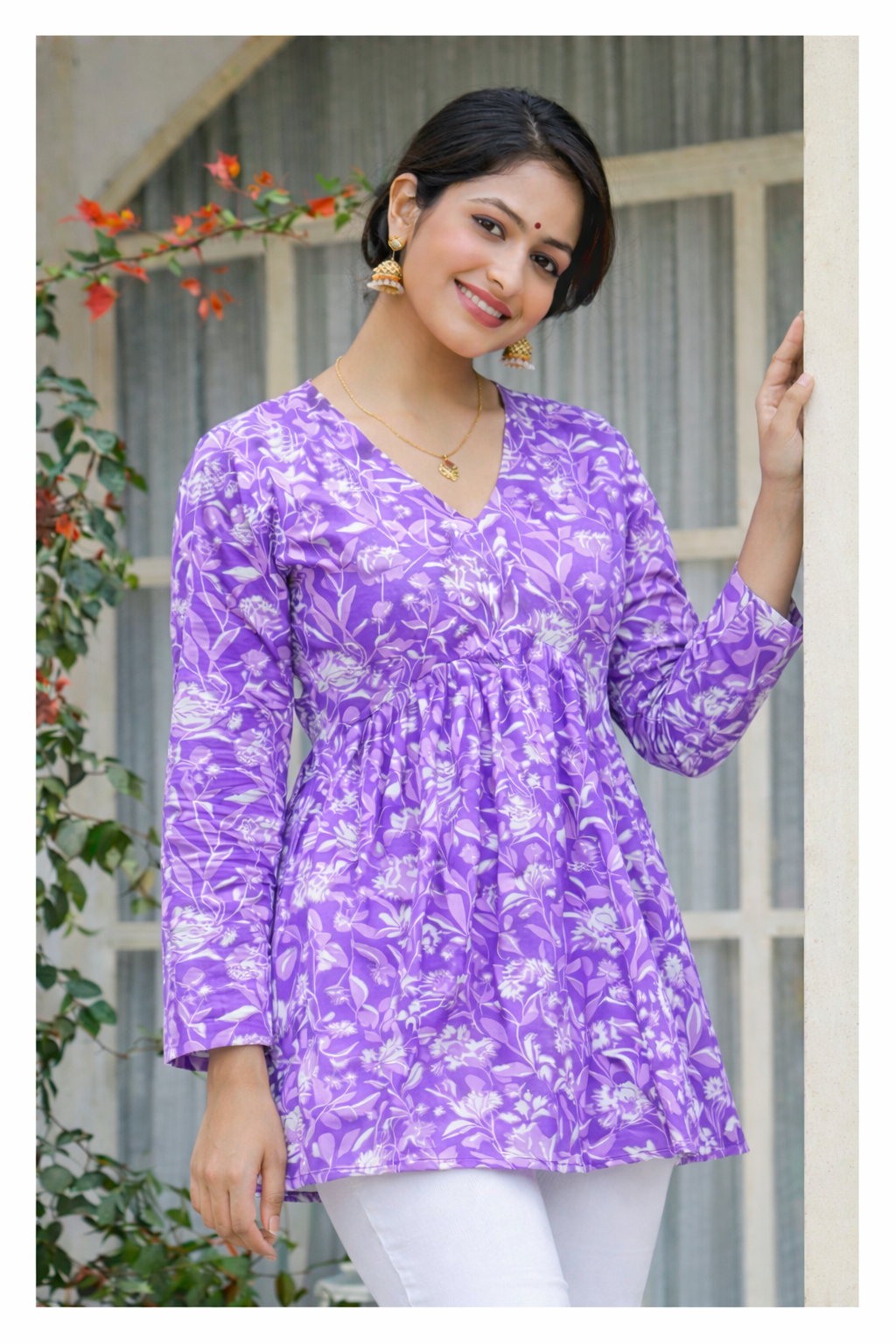 Purple Floral Printed Cotton Tunic Top for Women