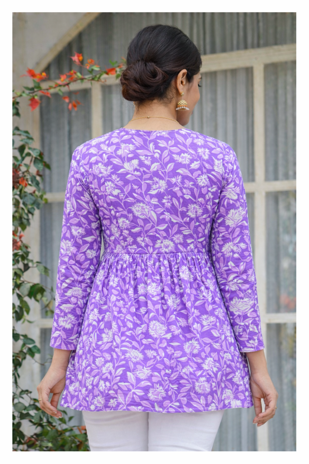 Purple Floral Printed Cotton Tunic Top for Women