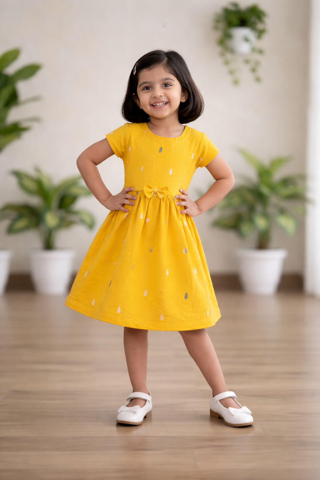 Girls Mustard Yellow Printed Cotton Dress with Bow Detail