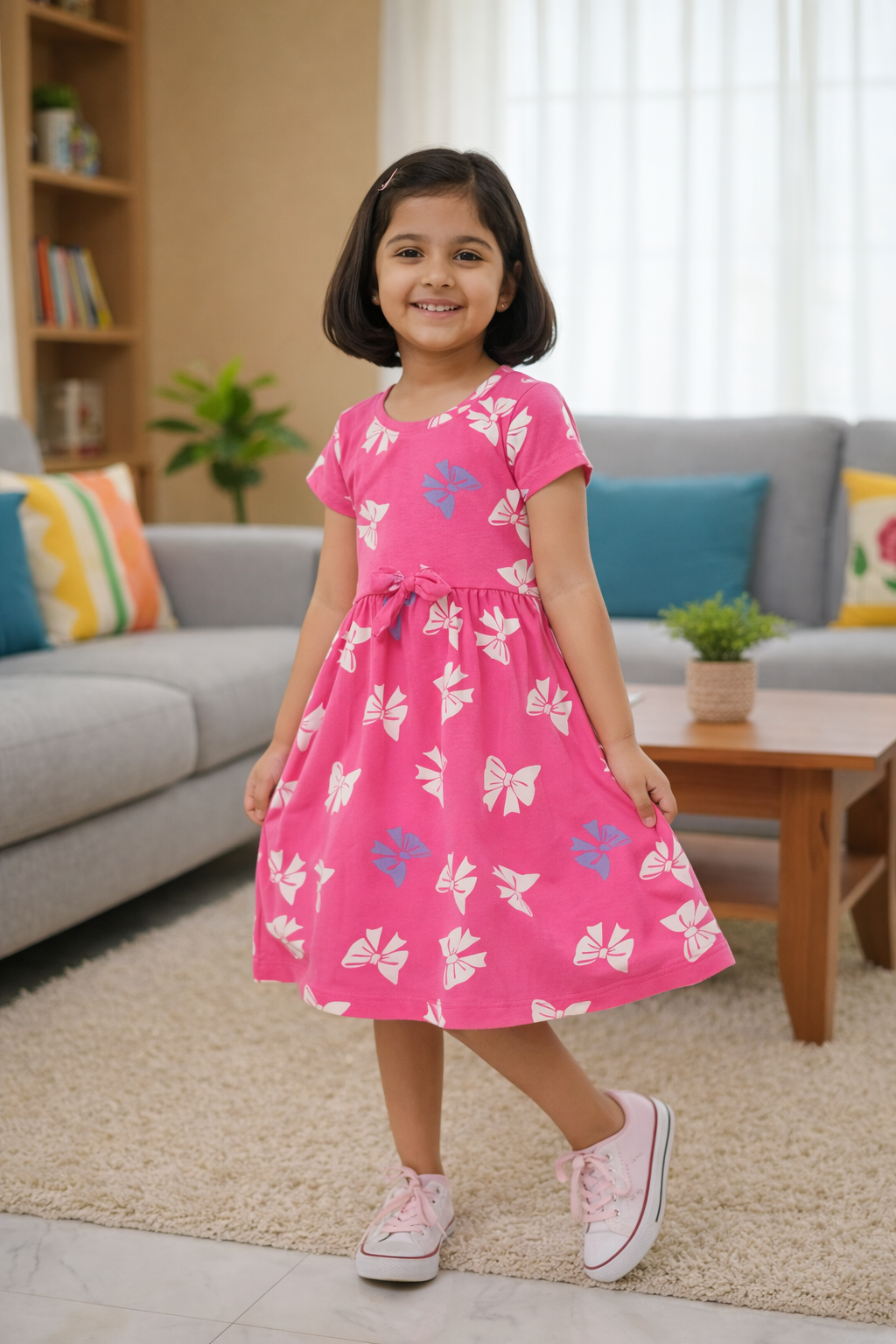 Girls Pink Printed Cotton Dress with Bow Detail
