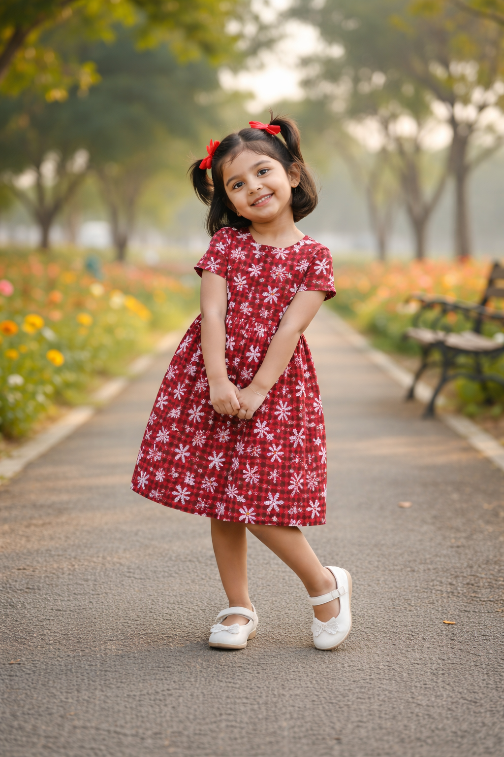Girls Red Floral Printed Cotton Dress