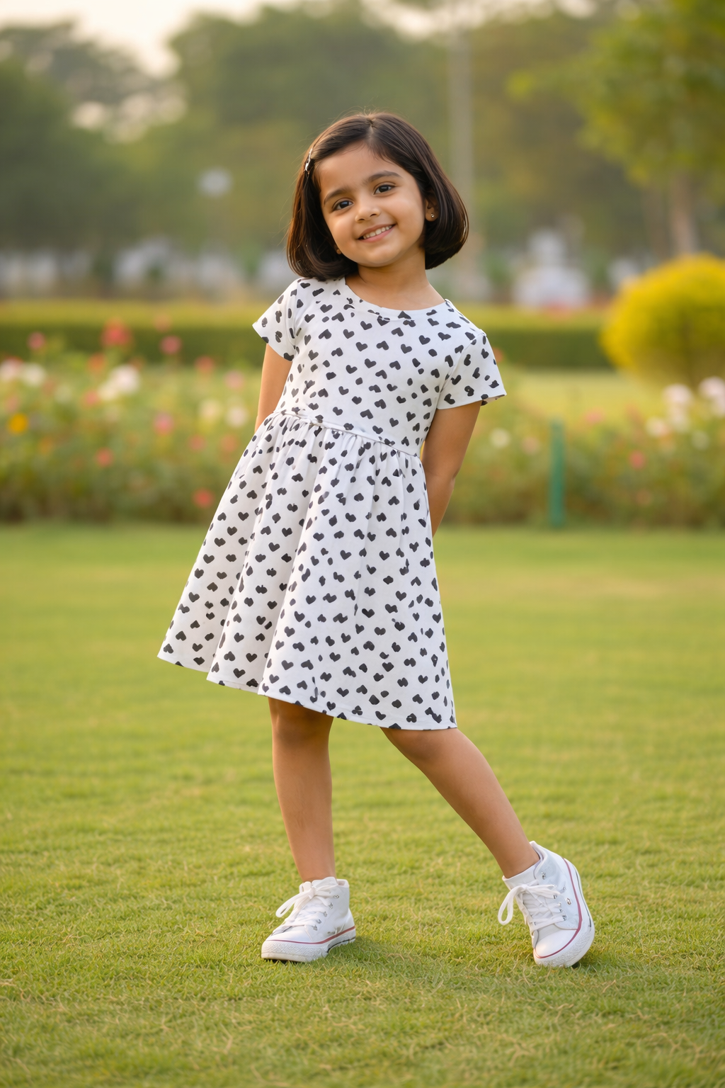 Girls White Heart Printed Cotton Dress with Bow details