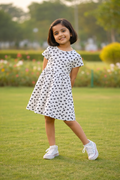 Girls White Heart Printed Cotton Dress with Bow details
