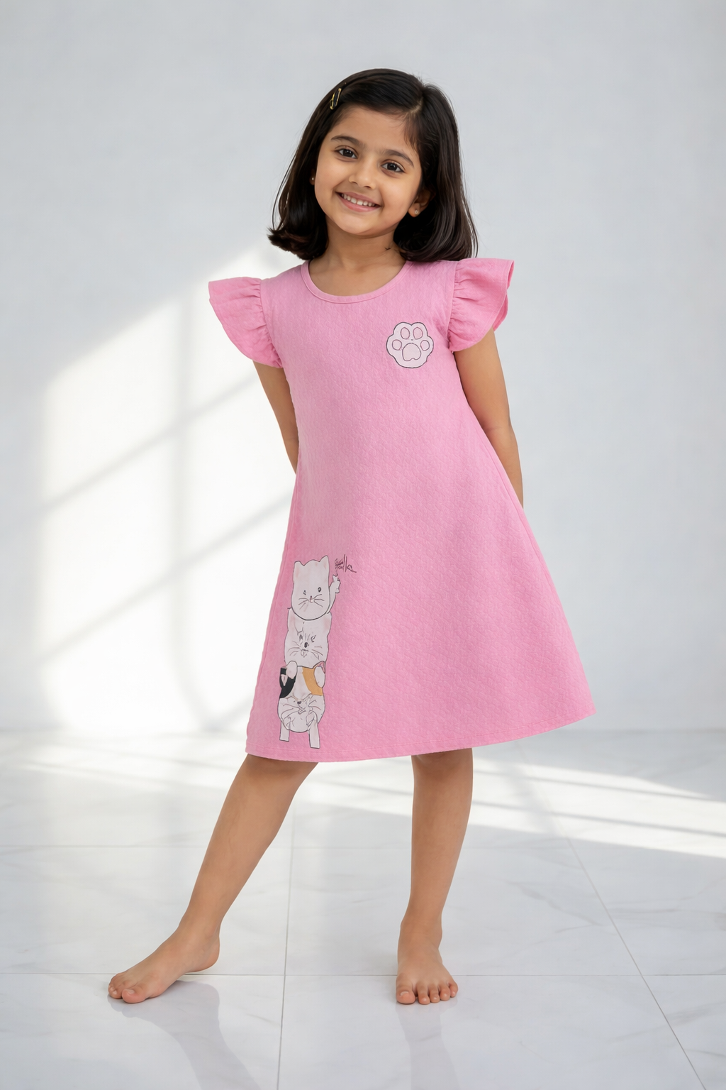 Girls Pink Tesla Fabric Dress with Cute Cat Print