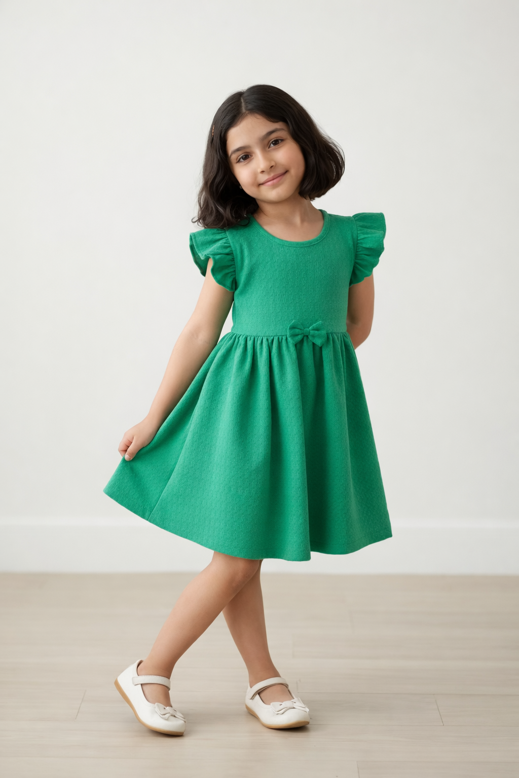 Girls Green Tesla Fabric Dress with Flutter Sleeves