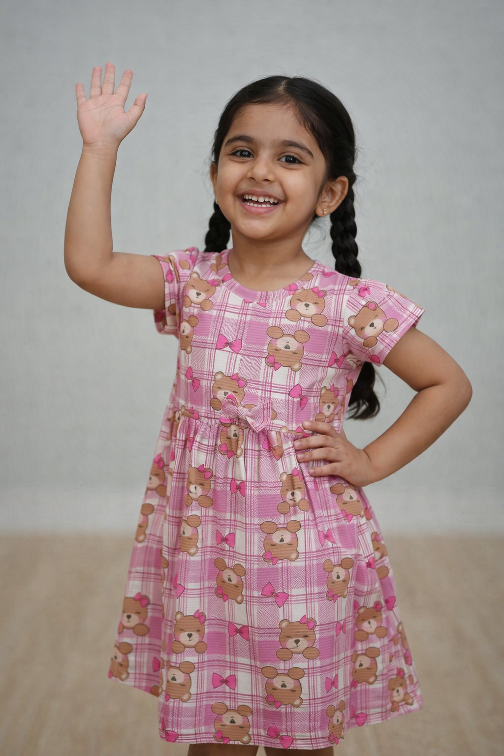 Girls Pink Teddy Bear Printed Durby Fabric Dress – Cute Kids Casual Frock