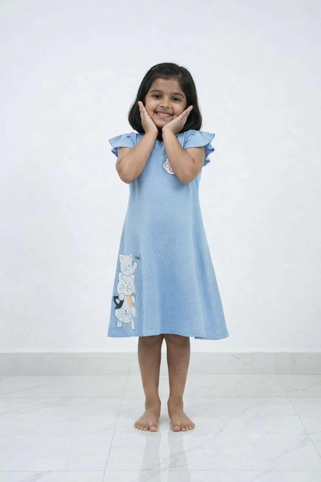Girls Sky Blue Kitty Print Tesla Fabric Dress – Cute Kids Casual Frock