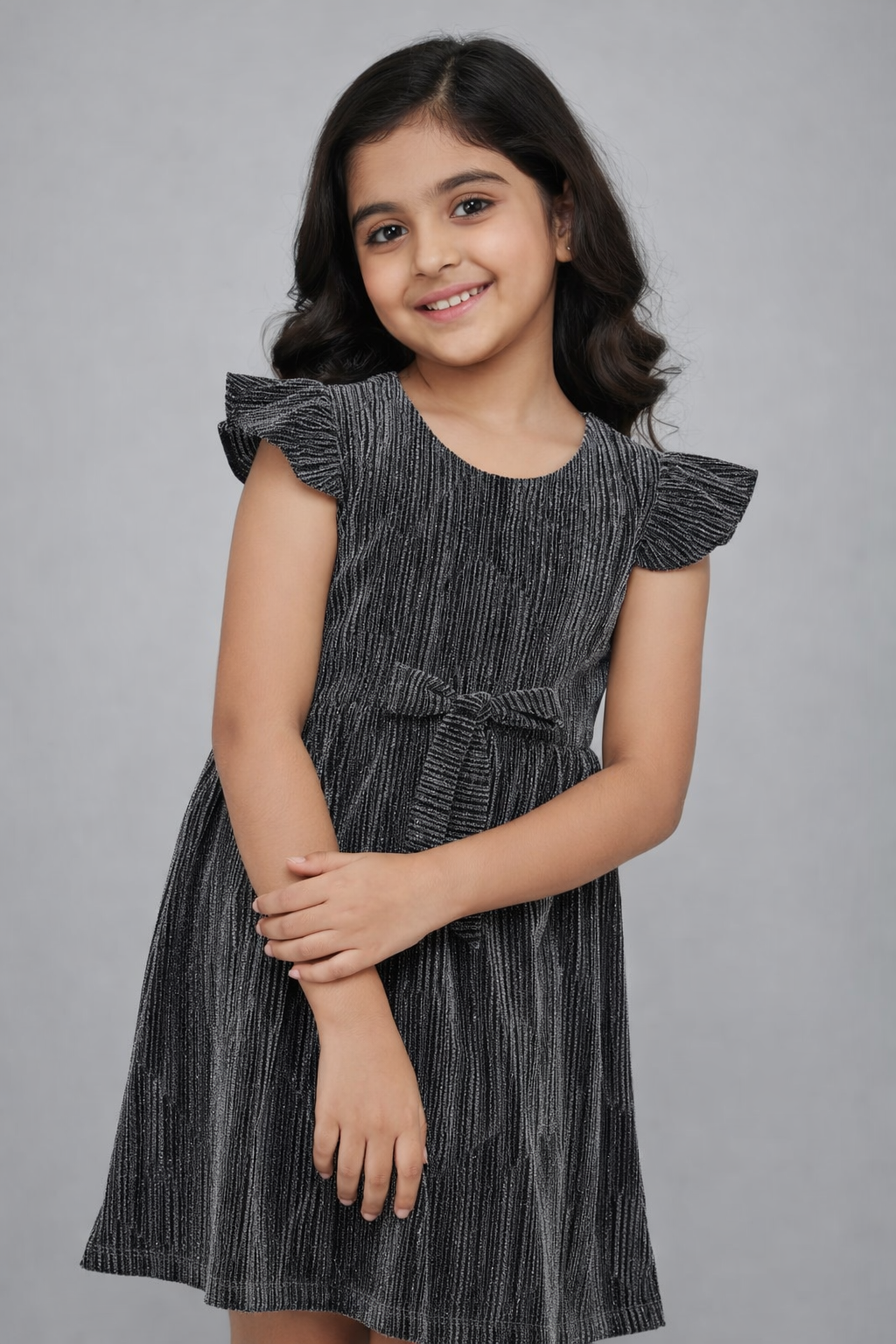 Girls Black Shimmer Party Dress – Premium Polyester Flutter Sleeve Kids Frock