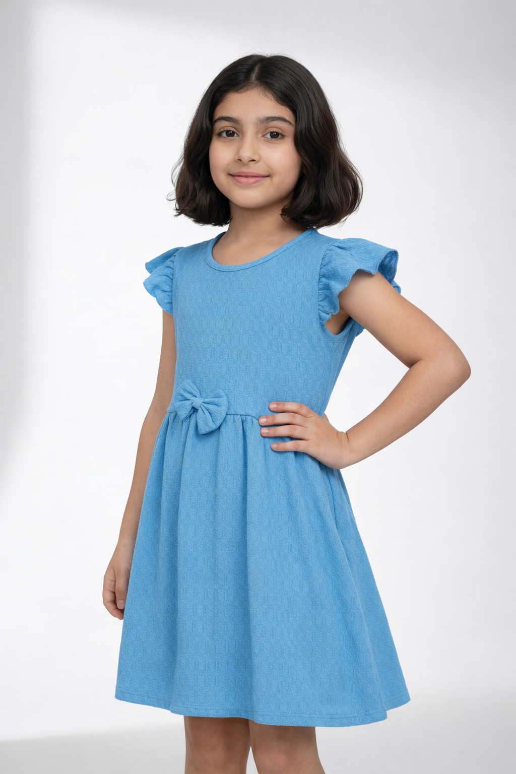 Girls Sky Blue Flutter Sleeve Dress – Tesla Fabric Kids Party Frock