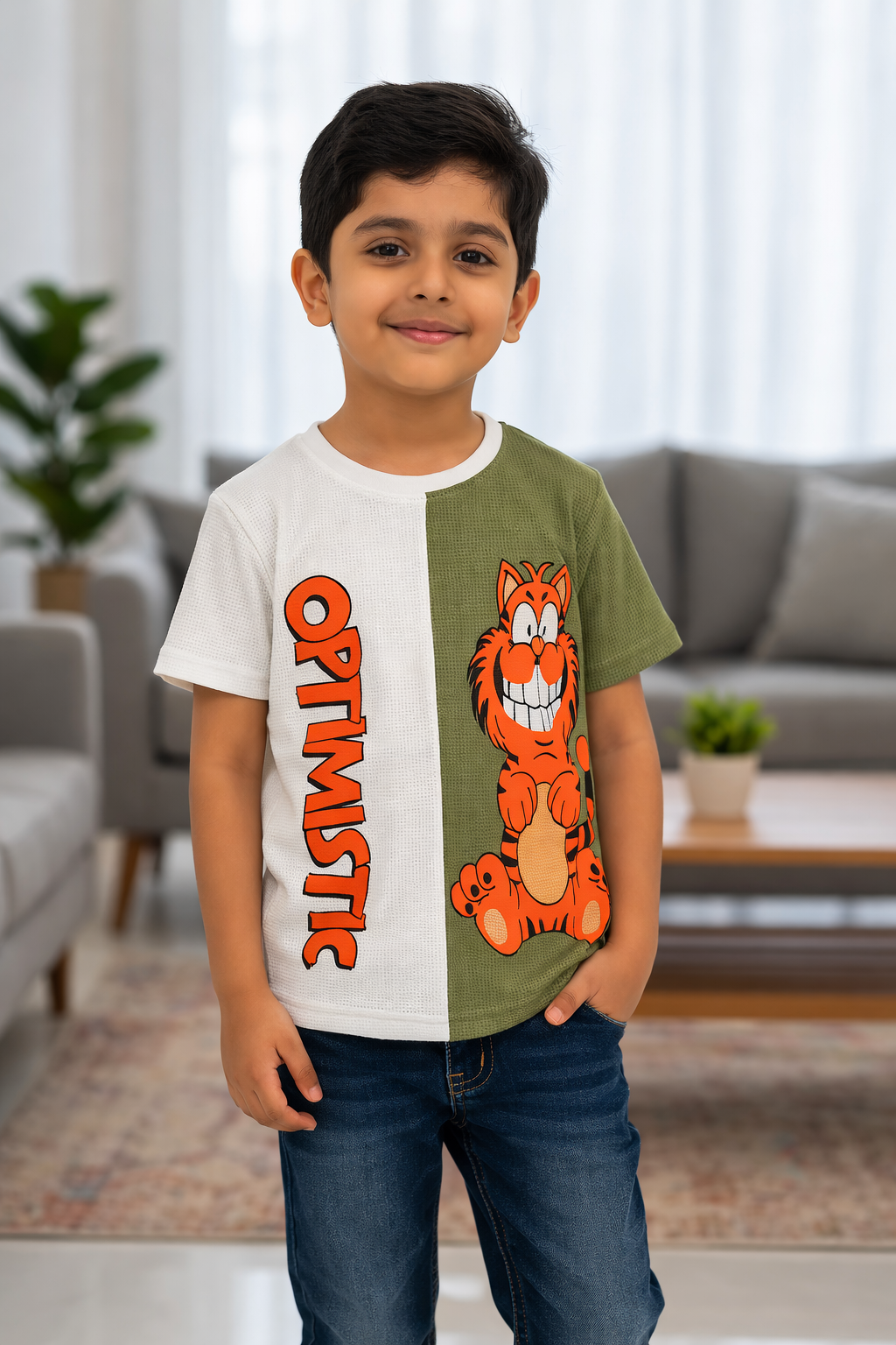 Boys Optimistic Cartoon Print T-Shirt – Premium Waffle Fabric Kids Tee
