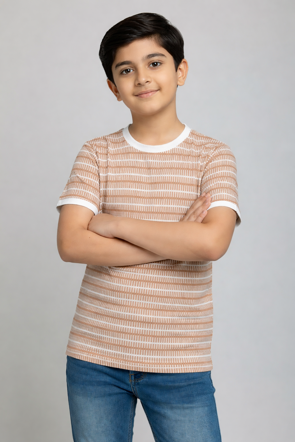 Kids Beige Striped Cathonic Fabric T-Shirt – Soft Casual Round Neck Tee for Boys
