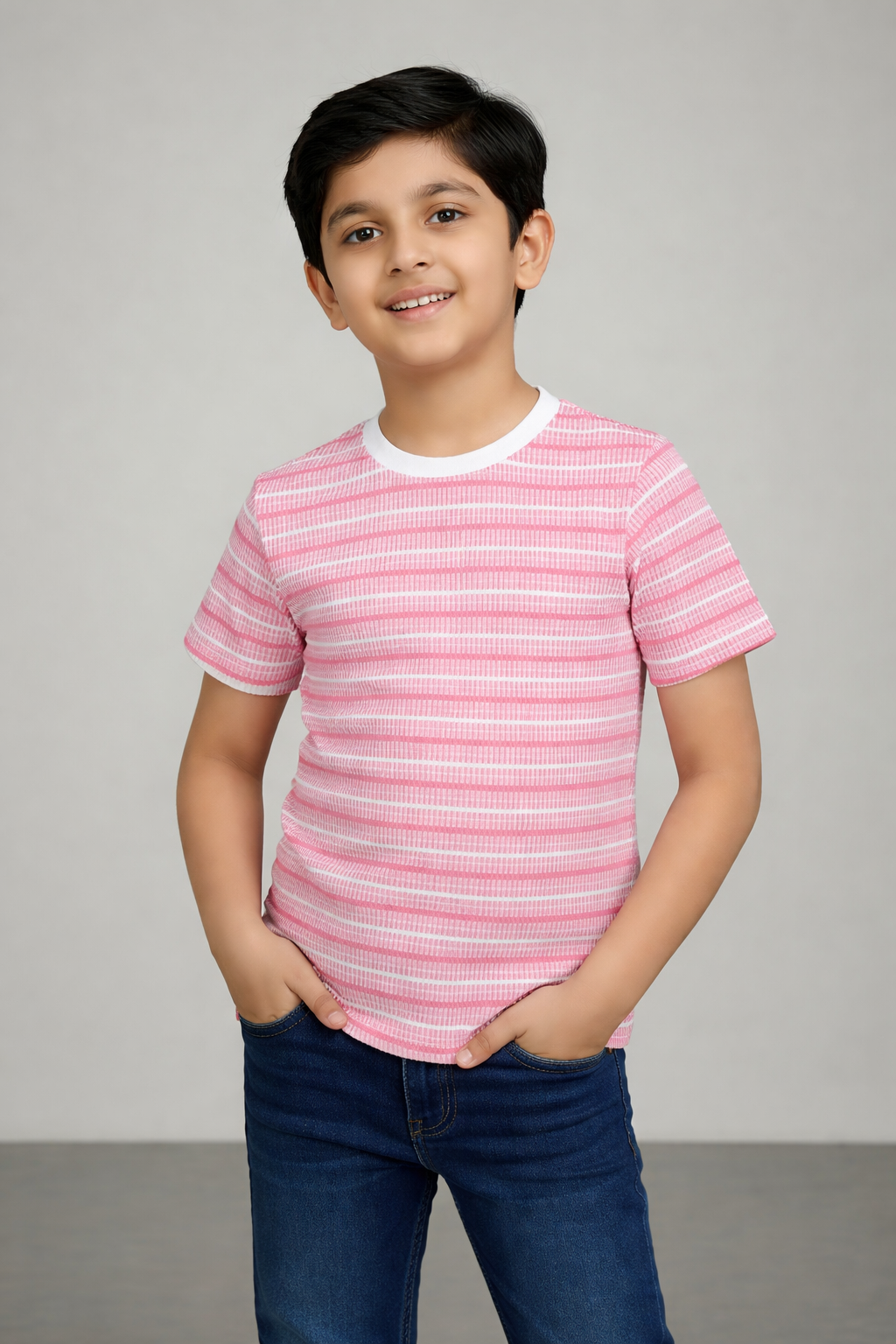 Kids Cathonic Fabric Striped T-Shirt – Soft Casual Round Neck Tee for Boys