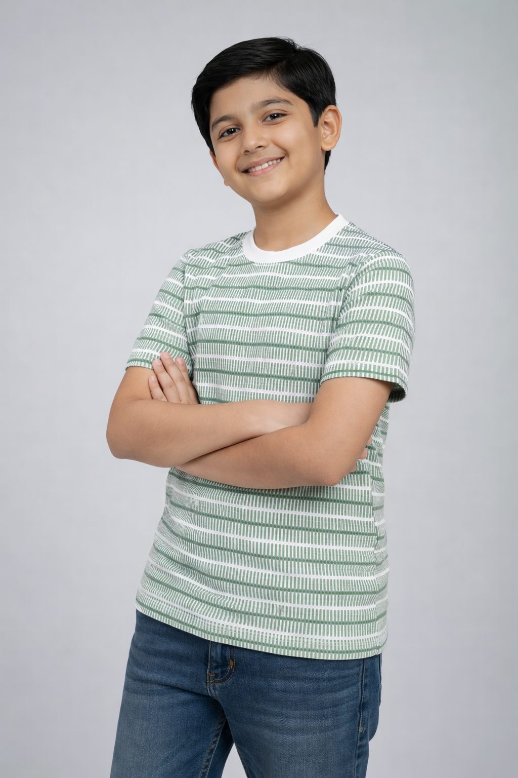 Boys Green Striped Cationic Fabric T-Shirt – Soft Casual Kids Wear