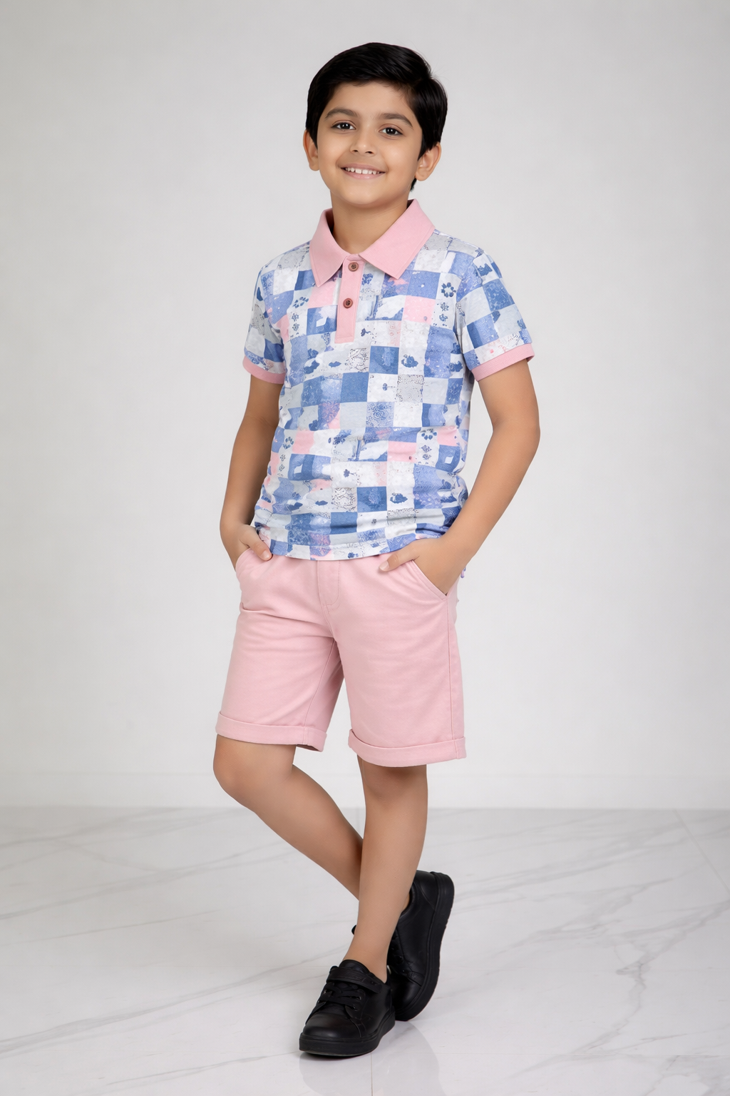 Boys Printed Polo Collar T-Shirt & Shorts Set – Looper Fabric | Stylish Kids Co-ord