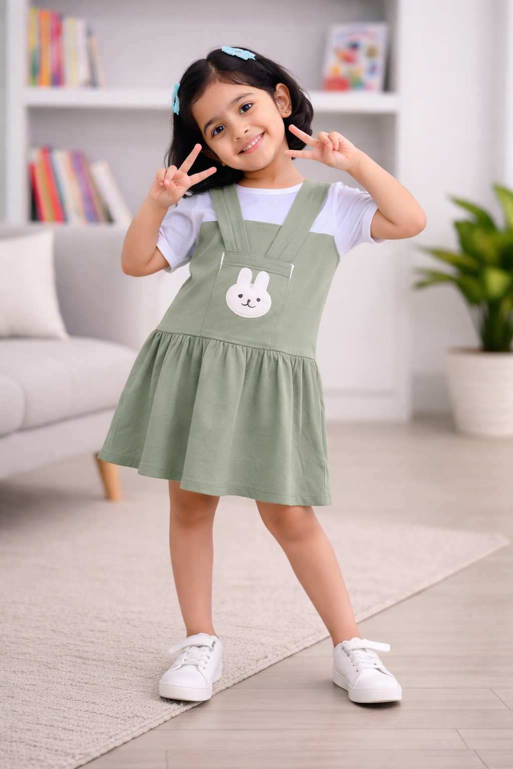 Girls Sage Green Bunny Pinafore Frock – Soft Interlock Cotton