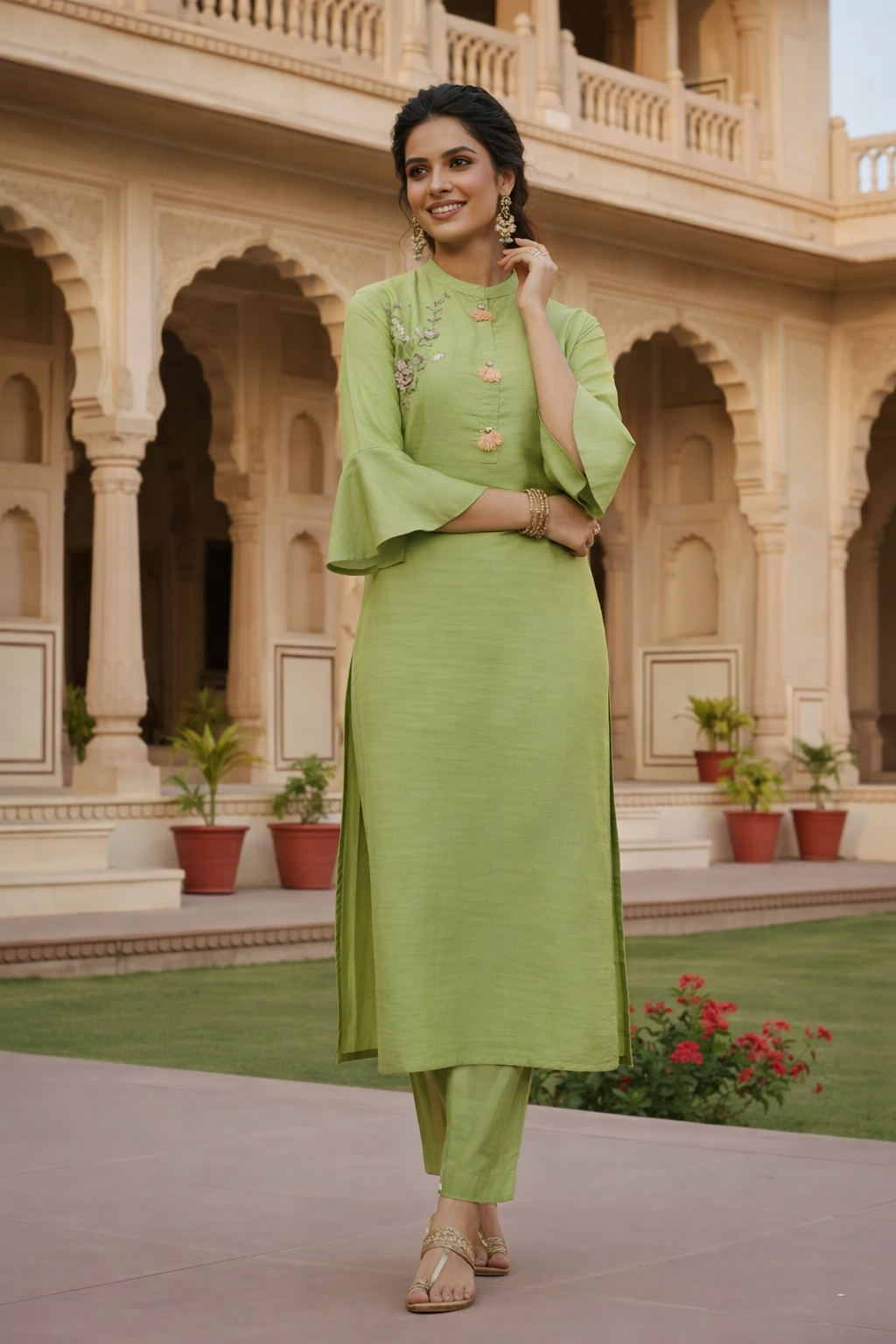 Elegant Lime Green Pure Cotton Kurta Set with Subtle Embroidery