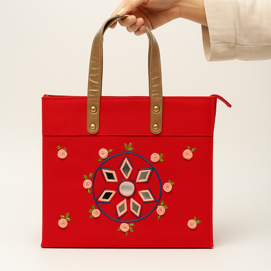 Red Laminated Canvas Tote Bag with Mirror & Floral Embroidery – Handmade Handbag
